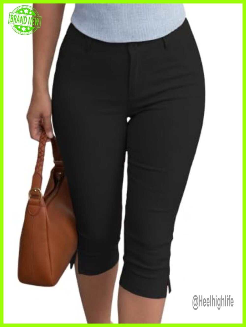 Slim Fit Capri Pants with Split Side Stretch Work Casual High Rise